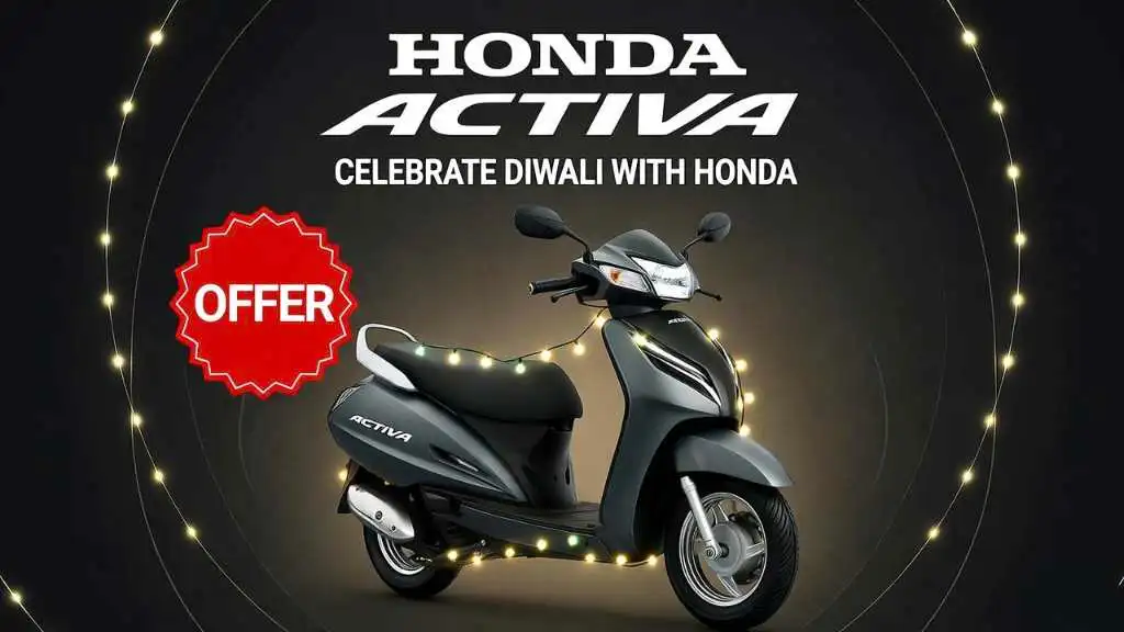 New Honda Activa scooter with diwali offer poster,Customer receiving keys of Honda Activa from dealer 3. Free helmet and scooter cover as diwali gifts 4. Price list and discount breakdown for Honda Activa ,Family riding new Honda Activa during Diwali festival