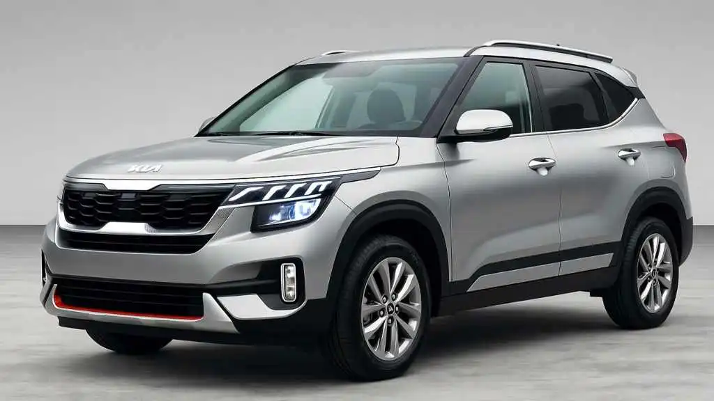 Front three-quarter view of the 2025 Kia Seltos, highlighting its new grille and DRLs. Interior dashboard of the 2025 Kia Seltos showing the dual-screen panoramic display