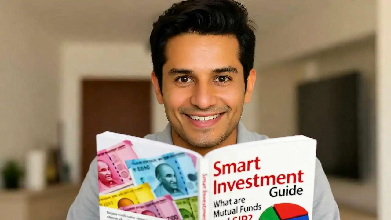 निवेश की योजना बनाता हुआ युवक, Investment Tips for Beginners 2. चक्रवृद्धि ब्याज का जादू दिखाता हुआ ग्राफ, Compound Interest in Hindi 3. म्यूचुअल फंड और SIP की तुलना, Stock Market for Beginners