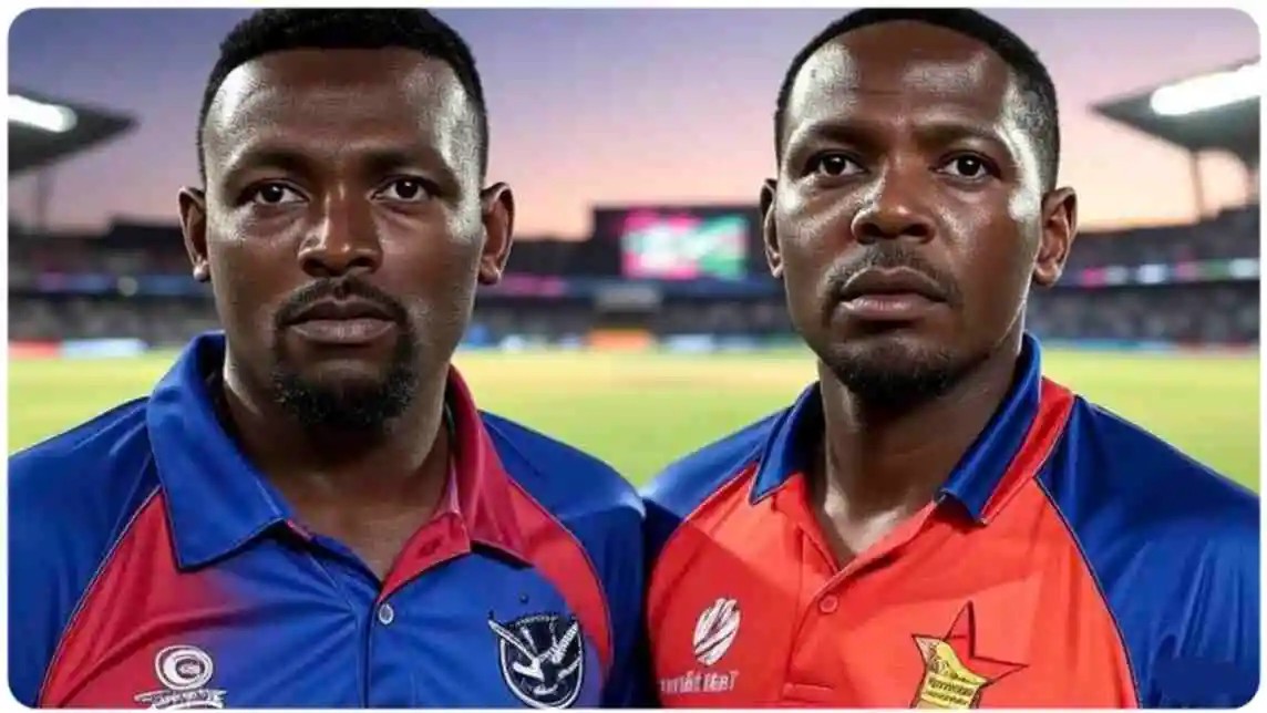 T20 qualifier trophy momen,Sikandar Raza batting shot,Namibia vs Zimbabwe match action,Gerhard Erasmus celebrating