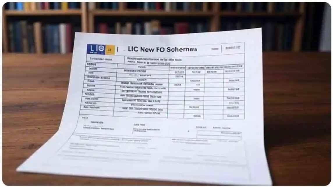 ग्राहक एलआईसी शाखा में FD ओपन करते हुए,LIC logo with fixed deposit document,