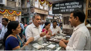मुंबई के ज़वेरी बाज़ार में चांदी के सिक्के और बर्तन दिखाते दुकानदार।