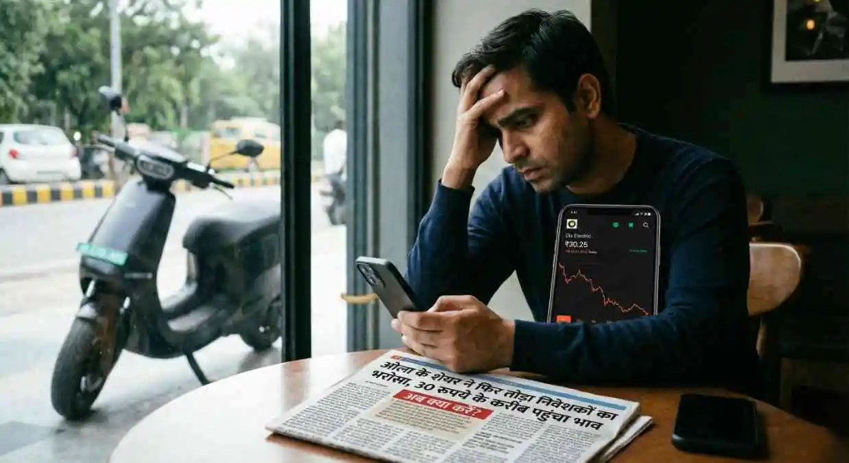 एक लाल रंग का गिरता हुआ ग्राफ़ और ओला इलेक्ट्रिक स्कूटर की धुंधली तस्वीर।