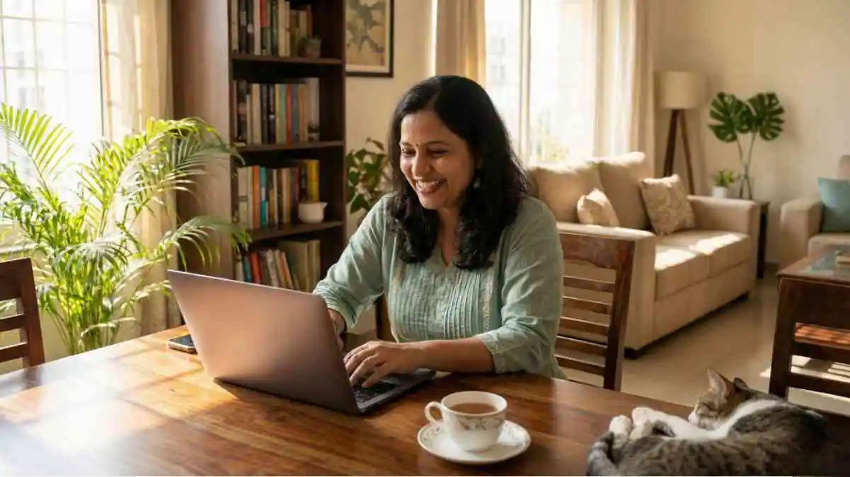 एक महिला घर पर लैपटॉप पर काम करते हुए खुश दिख रही है