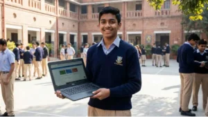 स्कूल यूनिफॉर्म में एक छात्र लैपटॉप हाथ में लिए मुस्कुरा रहा है