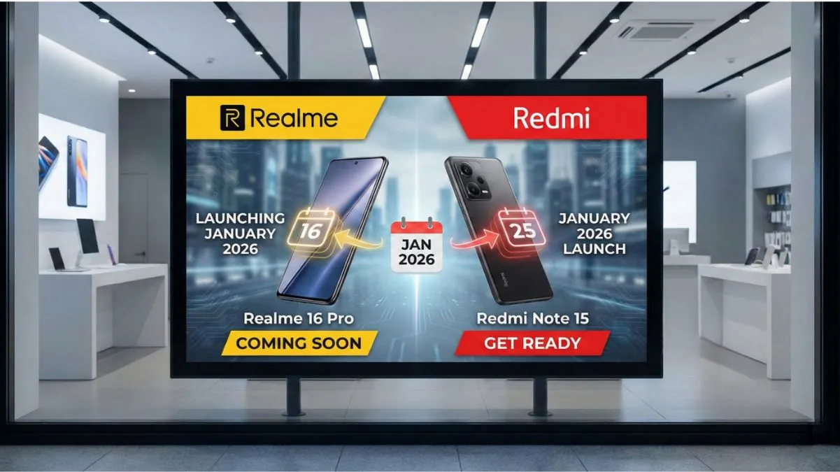 Poster showing Realme 16 Pro and Redmi Note 15 launch date January 2026
