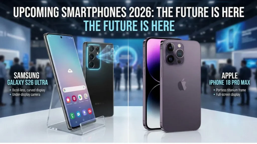 Upcoming Smartphones 2026 featuring Samsung Galaxy S26 and iPhone 18 concepts.