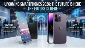 Upcoming Smartphones 2026 featuring Samsung Galaxy S26 and iPhone 18 concepts.