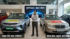कार शोरूम में सोचता हुआ आम आदमी, एक तरफ सही कार और दूसरी तरफ गलत कार – 2026 की समझदारी”