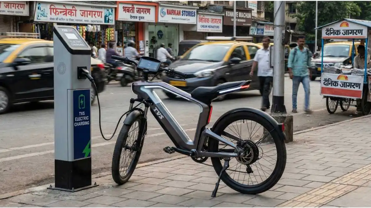 "भारतीय सड़क पर चार्जिंग पॉइंट के पास खड़ी नई TVS इलेक्ट्रिक साइकिल 2026 का मॉडल"