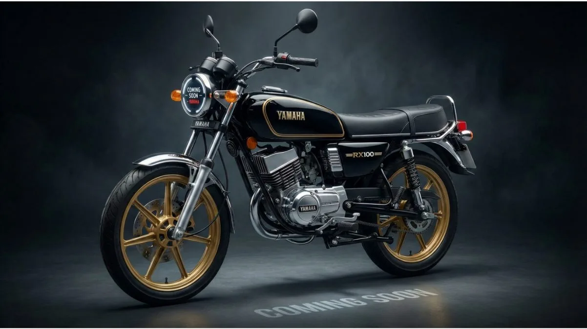 "नई यामाहा RX100 2026 का कांसेप्ट मॉडल, क्लासिक ब्लैक फ्यूल टैंक और मॉडर्न अलॉय व्हील्स के साथ"