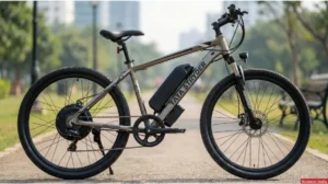 "टाटा स्ट्राइडर इलेक्ट्रिक साइकिल (Tata Stryder EV) का साइड व्यू जिसमें बैटरी पैक और मजबूत फ्रेम दिखाई दे रहा है"