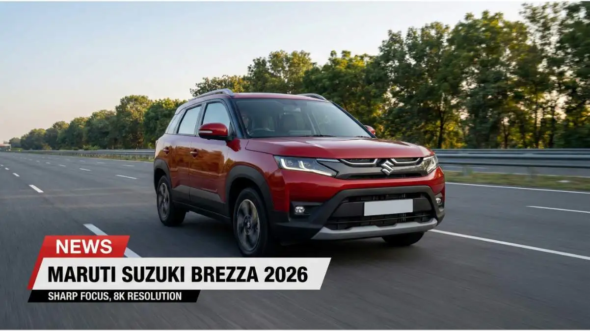 "हाइब्रिड इंजन और नए फ्रंट लुक के साथ सड़क पर दौड़ती हुई नई मारुति सुजुकी ब्रेज़ा 2026 (Maruti Brezza)"