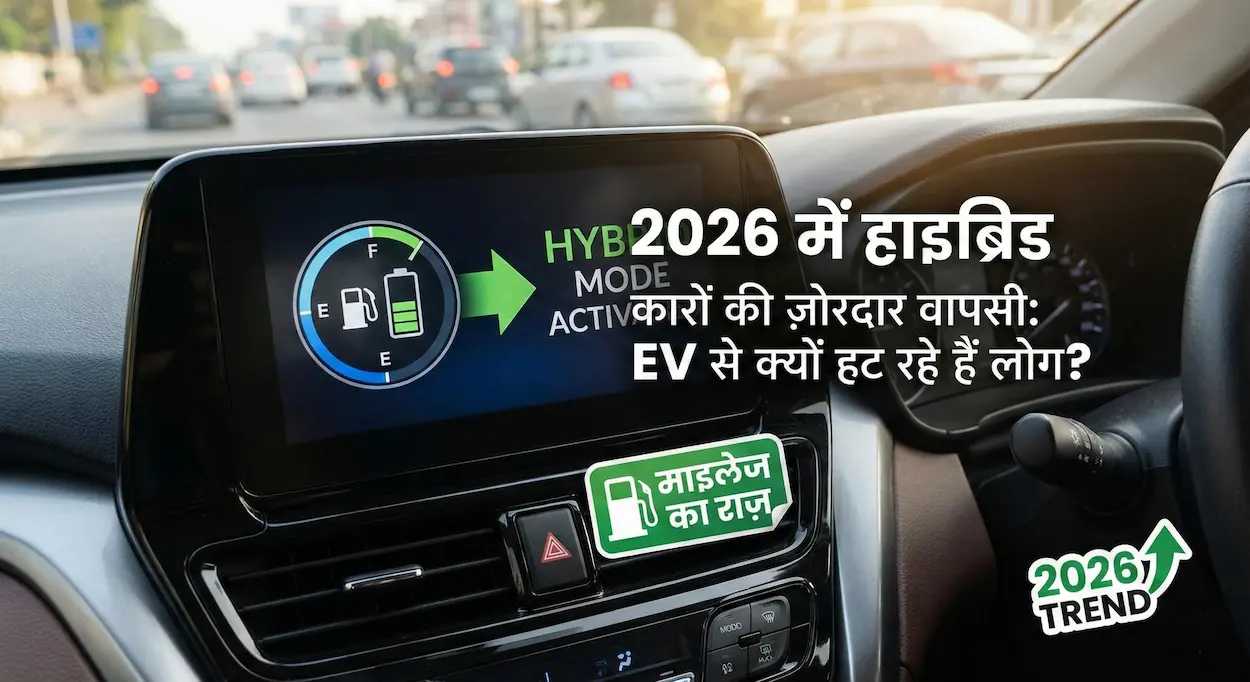 एक पेट्रोल पंप और चार्जिंग स्टेशन के बीच खड़ी एक हाइब्रिड कार, जिसमें परिवार खुश दिख रहा है।