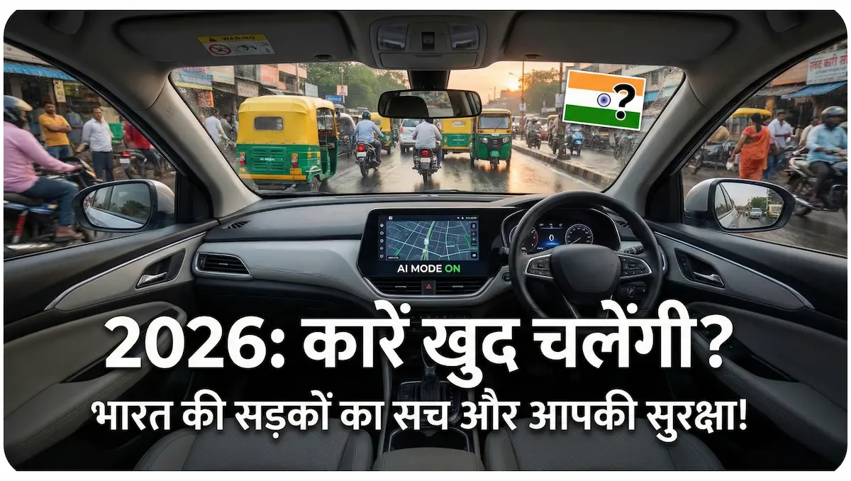 एक भारतीय सड़क पर भारी ट्रैफिक के बीच चलती हुई हाई-टेक कार का ग्राफिक, जिसमें ड्राइवर रिलैक्स है लेकिन बाहर भीड़ है।