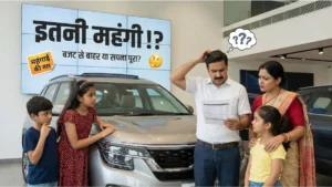 A middle-class indian family looking at a new SUV in a showroom with a confused expression about the price list