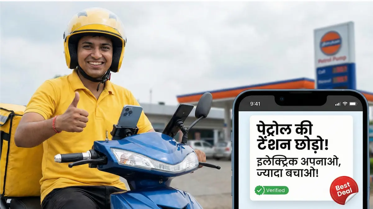 A delivery boy smiling while sitting on his electric scooter, showing a thumbs up, with a blurred petrol pump in the background