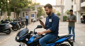 पुरानी कार और बाइक बेचते समय मोबाइल पर OLX और CarDekho ऐप से डील करता हुआ व्यक्ति।