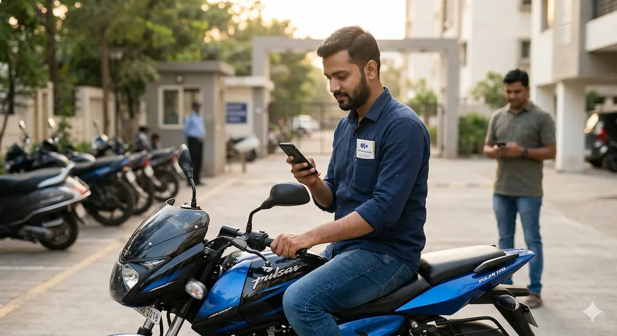 पुरानी कार और बाइक बेचते समय मोबाइल पर OLX और CarDekho ऐप से डील करता हुआ व्यक्ति।