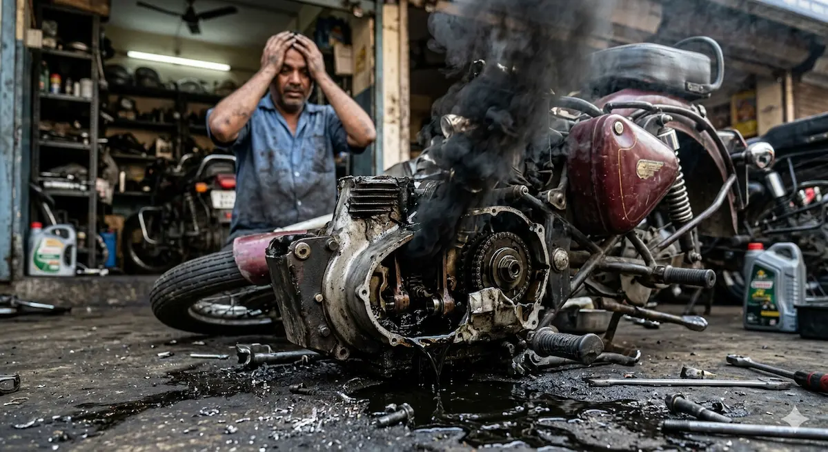 एक मैकेनिक गैरेज में खराब मोटरसाइकिल के इंजन को खोलकर रिपेयर करते हुए।